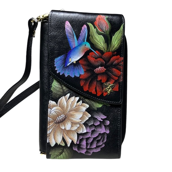 Anuschka Leather Hand Painted Organizer Crossbody Phone Case Hummingbird Heaven - Picture 1 of 10